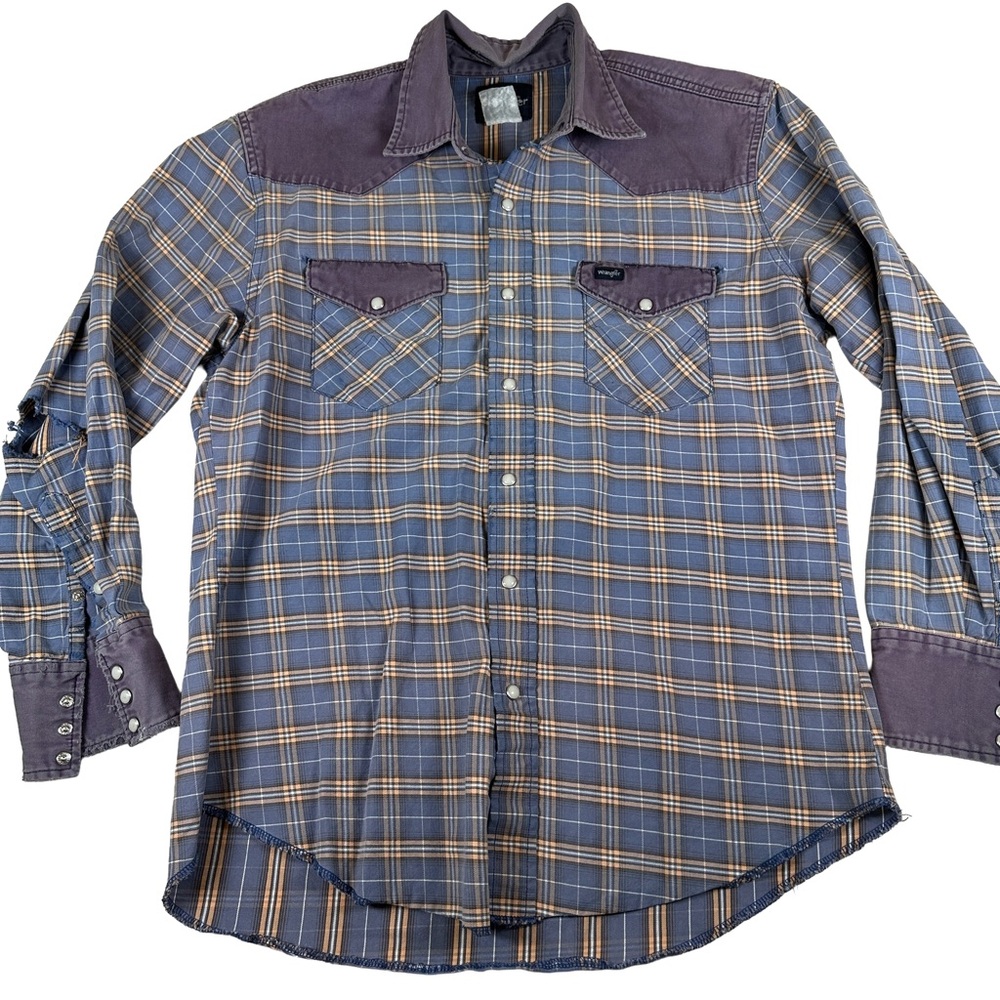 Wrangler vintage‎ pearl snap Plaid Shirt long sleeve western purple yoke cowboy